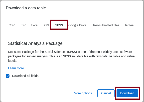 A screenshot the Qualtrics Download a Data Table screen with red boxes indicating the steps to take to export SPSS data: SPSS tab, Download button.
